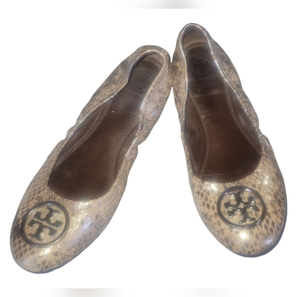 Tory Burch Heidi Reptile Mettalic Snakeskin Silver/Tan/ Ballet Flats 6 1/2 - Picture 1 of 10